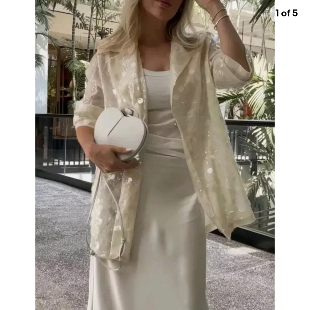 ZARA SEQUIN OPEN FRONT BLAZER Size S Cream - Picture 6 of 16